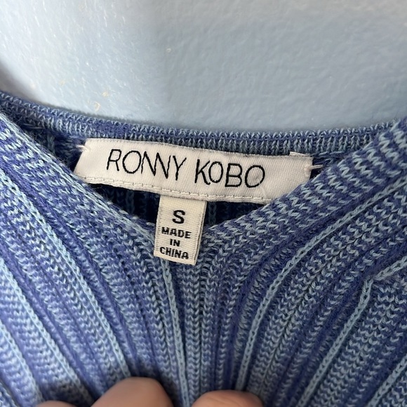 Ronny Kobo Miria Blue Combo Knit Cotton Linen Sleeveless Ruffle Hem Dress - Picture 10 of 10